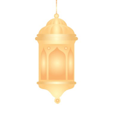 Ramazan Kareem feneri sallanıyor, beyaz arka planda asılı altın fener.