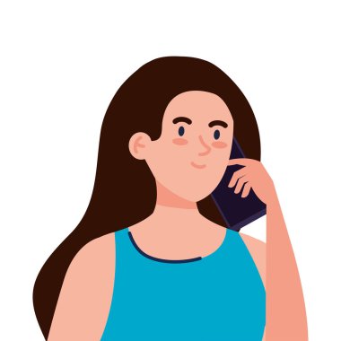 Güzel genç bayan beyaz arka planda akıllı telefon kullanıyor.