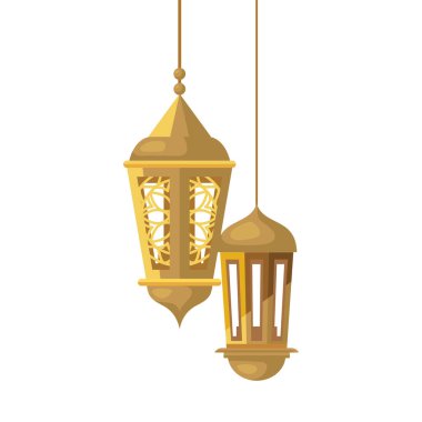 Ramazan Kareem fenerleri sallanıyor, beyaz arka planda asılı altın fenerler.