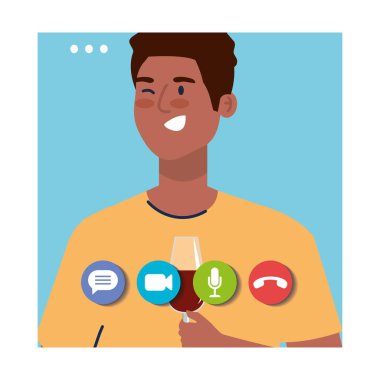 Çevrimiçi parti, erkek afro karantinada online parti, parti web kamerası çevrimiçi tatil