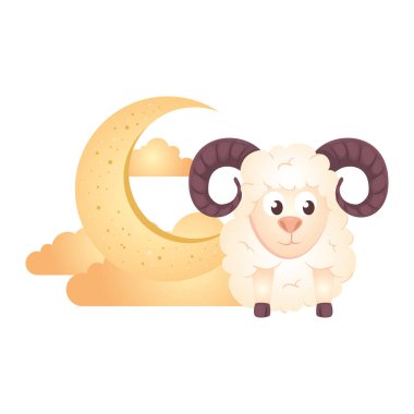 Bulutlu hilal, beyaz arka planda altın ve keçi hayvanı