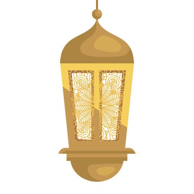 Ramazan Kareem feneri sallanıyor, beyaz arka planda asılı altın fener.