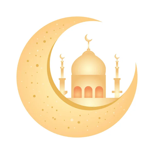 Adorno de celebración eid sobre fondo blanco, luna con mezquita — Vector de stock