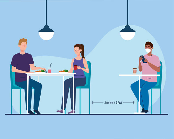 social distance in new concept restaurant, people on tables, protection, prevention of coronavirus covid 19