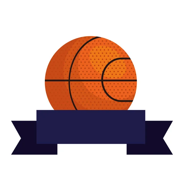Μπάσκετ, έμβλημα, σχέδιο με μπάλα μπάσκετ, με κορδέλα διακόσμησης — Διανυσματικό Αρχείο