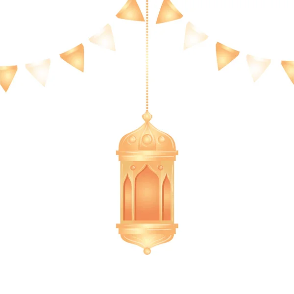 Ramadan kareem φανάρια κρέμονται με γιρλάντα διακόσμηση, χρυσά φανάρια κρέμονται σε λευκό φόντο — Διανυσματικό Αρχείο