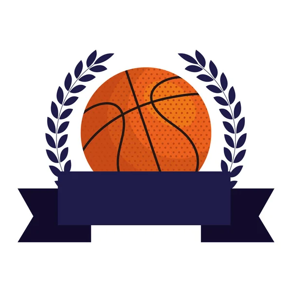 Баскетбол, эмблема, дизайн с баскетбольным мячом, с отделкой ленты — стоковый вектор