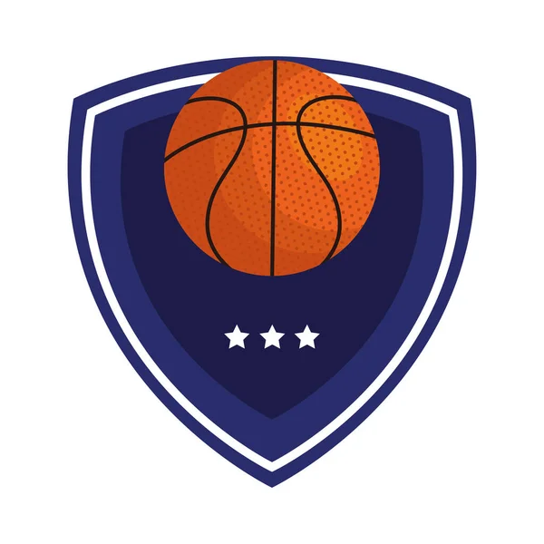 Baloncesto, emblema, diseño con pelota de baloncesto, con escudo y estrellas — Vector de stock