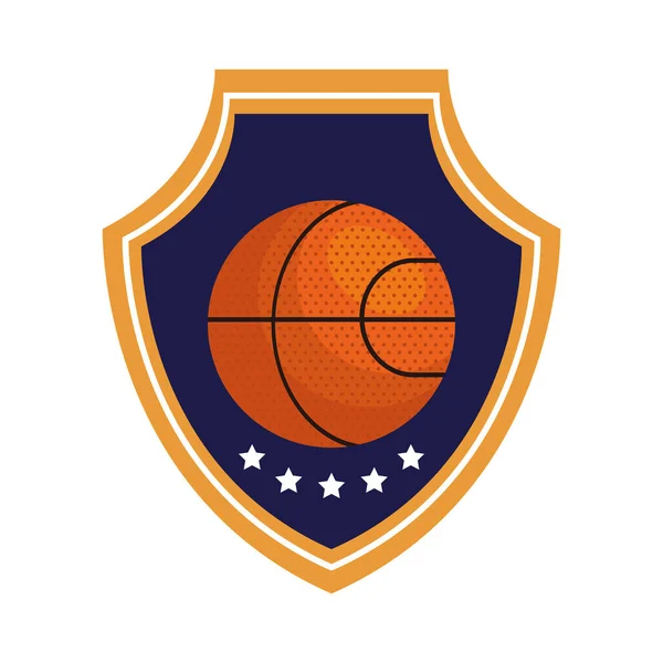 Basket, emblem, design med basket boll, med sköld och stjärnor — Stock vektor