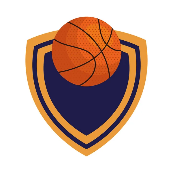 Basketbal, emblém, design s basketbalovým míčem, se štítovou dekorací — Stockový vektor