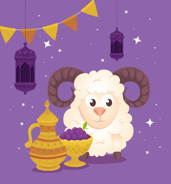 Eid al adha mubarak, wesołe święto poświęcenia, z kozą i tradycyjnymi ikonami — Wektor stockowy
