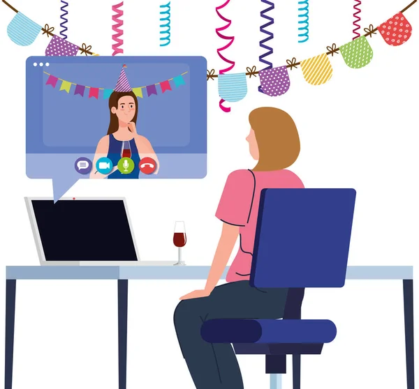 Онлайн-вечірка, жінки проводять онлайн-вечірку разом у карантині, відеоконференції, вечірці веб камера онлайн свято — стоковий вектор