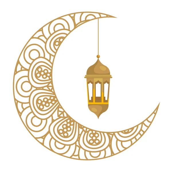 Ramazan Kareem feneri beyaz arka planda hilal altınıyla asılı. — Stok Vektör