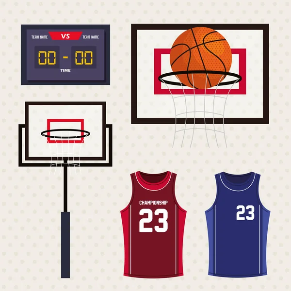 Basketbol ikonları, skor tabelası, basketbol potası, kolsuz bluzlar. — Stok Vektör