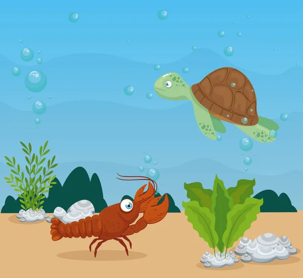 Langosta con tortuga y animales marinos en el océano, habitantes del mundo marino, criaturas submarinas lindas, fauna submarina — Vector de stock