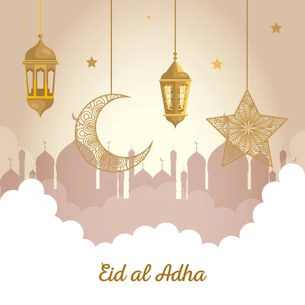 Eid al adha mubarak, festa de sacrifício feliz, lanternas com lua e estrela pendurada — Vetor de Stock