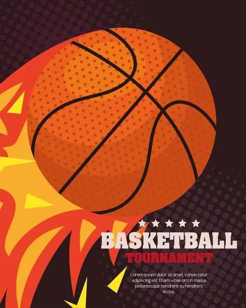 Tournoi de basket-ball, emblème, design avec balle de basket-ball en flammes — Image vectorielle