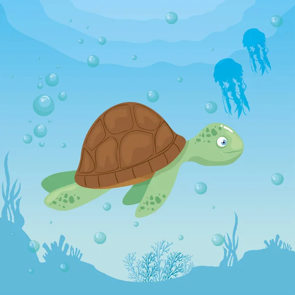 Tartaruga e vita marina nell'oceano, abitanti del mondo marino, creature sottomarine carine, fauna sottomarina — Vettoriale Stock