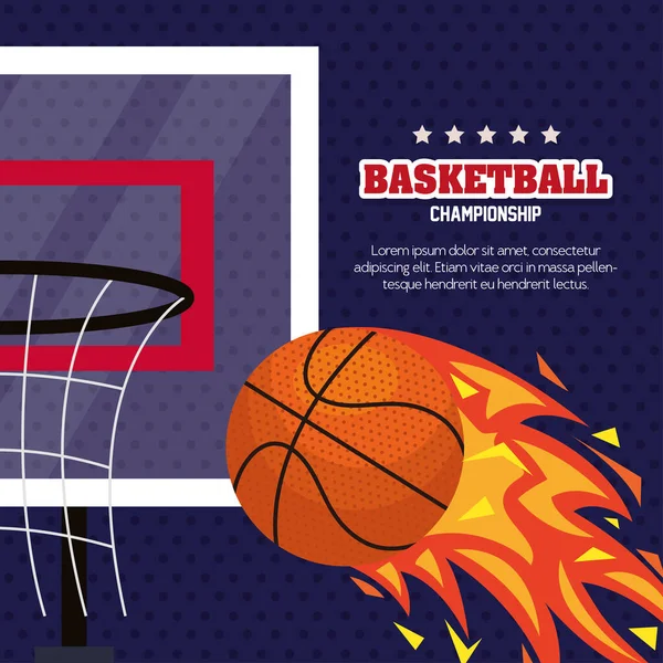 Чемпионат по баскетболу, эмблема, дизайн с мячом баскетбола в пламени — стоковый вектор