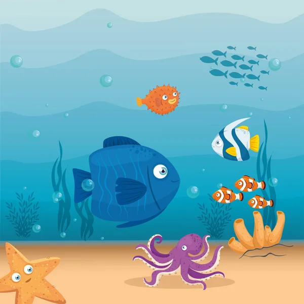 Xxx i dzikie zwierzęta morskie w oceanie, mieszkańcy świata morskiego, słodkie podwodne stworzenia, podmorska fauna tropikalna — Wektor stockowy
