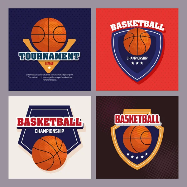 Zestaw emblematów koszykówki, projekty mistrzostw koszykówki z ikonami — Wektor stockowy