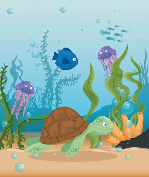 Xxx és a vadon élő tengeri állatok az óceánban, tengeri világ lakói, aranyos víz alatti lények, tenger alatti állatvilág trópusi — Stock Vector