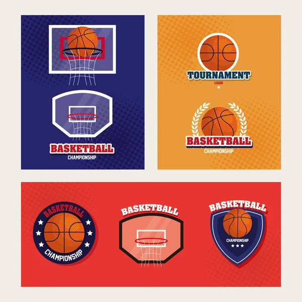 Conjunto de emblemas de baloncesto, diseños de campeonatos de baloncesto con iconos — Vector de stock