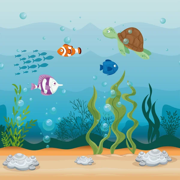 Xxx et les animaux marins sauvages dans l'océan, habitants du monde marin, créatures sous-marines mignonnes, faune sous-marine de tropique — Image vectorielle