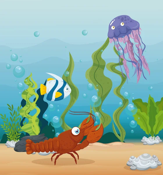 Lagosta e animais marinhos no oceano, moradores do mundo do mar, criaturas subaquáticas bonitos, fauna submarina — Vetor de Stock