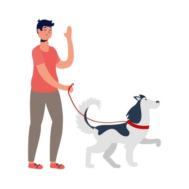 Genç adam köpek maskotuyla yürüyor.