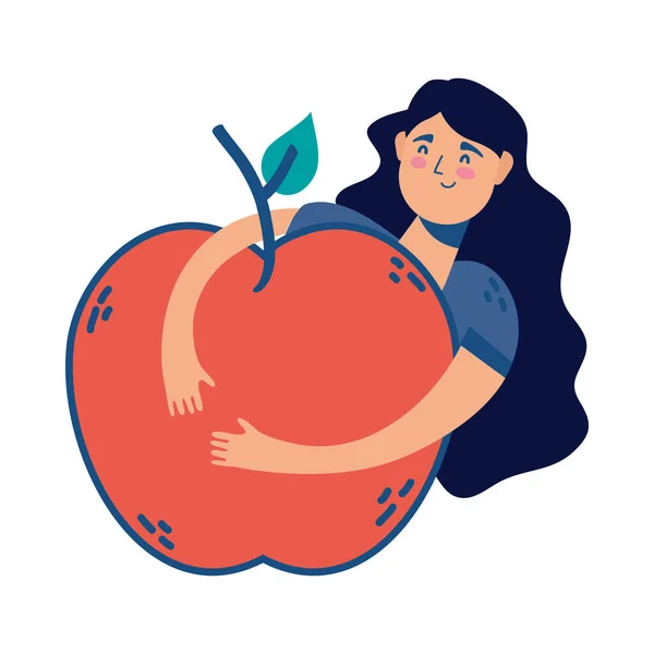 Mujer joven hembra con fruta de manzana — Vector de stock