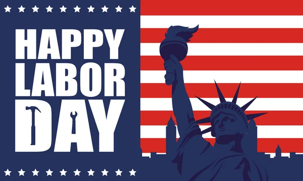 Felice festa del giorno del lavoro con bandiera degli Stati Uniti e statua della libertà — Vettoriale Stock