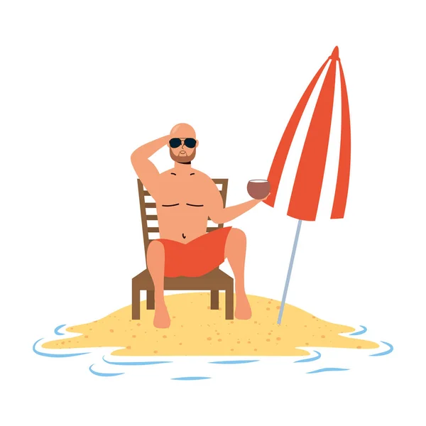 Hombre relajante en la playa sentado en silla y sombrilla — Vector de stock