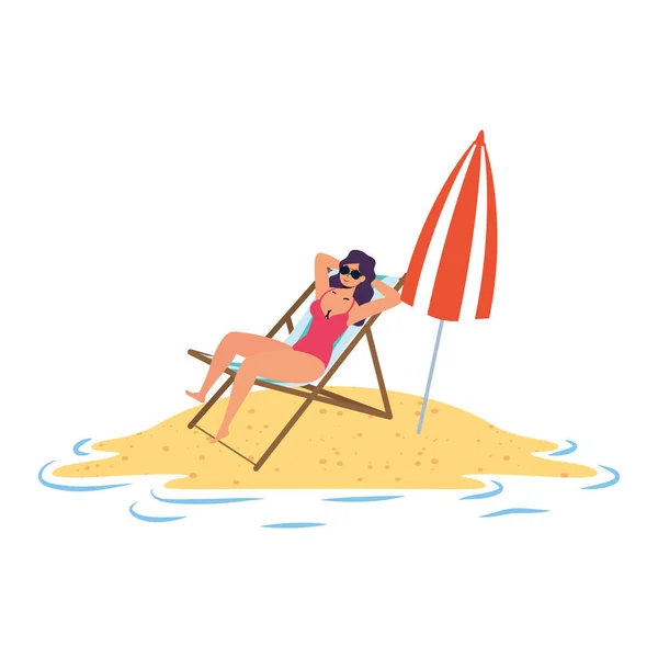 Young woman relaxing on the beach seated in chair and umbrella — Stock Vector