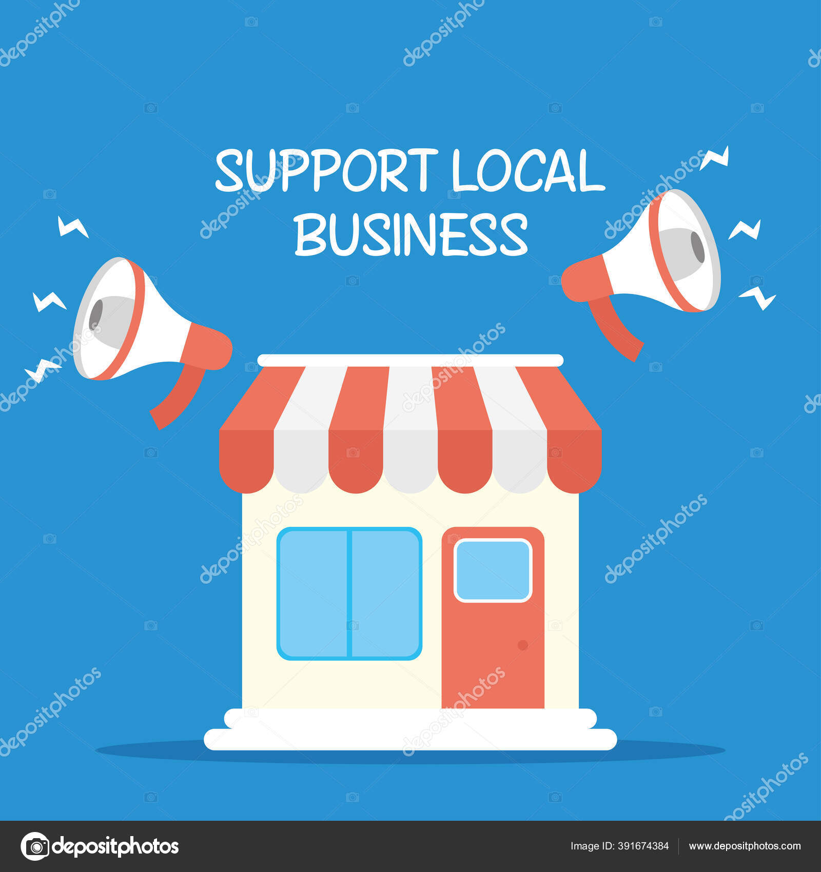 Support local business campaign with megaphones and store building Stock Vector by ©yupiramos