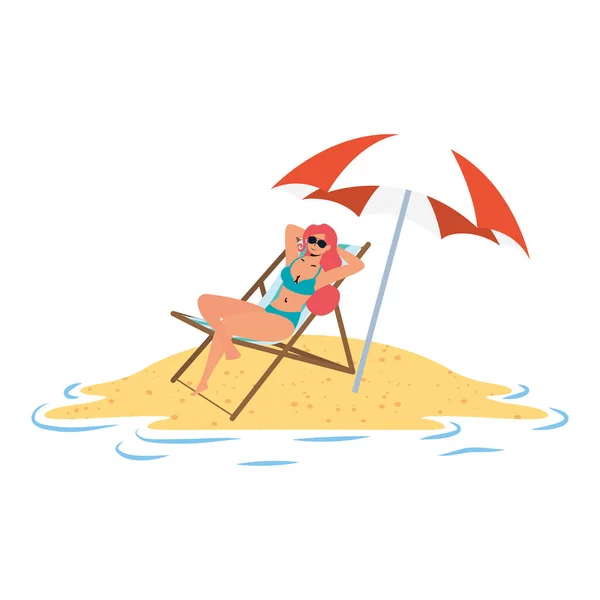 Jovem mulher relaxante na praia sentada em cadeira e guarda-chuva — Vetor de Stock