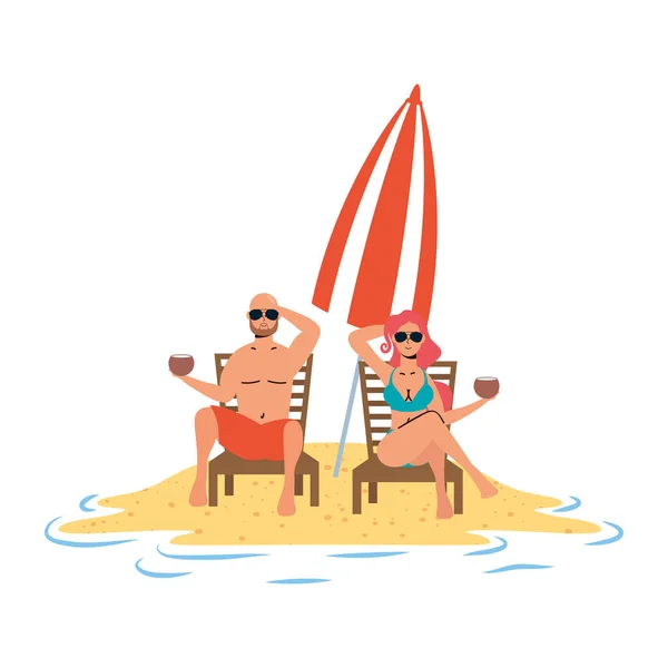 Pareja joven relajándose en la playa sentada en sillas y sombrilla — Vector de stock