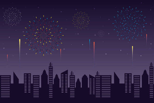 Fireworks burst explosions with citycape in night sky background