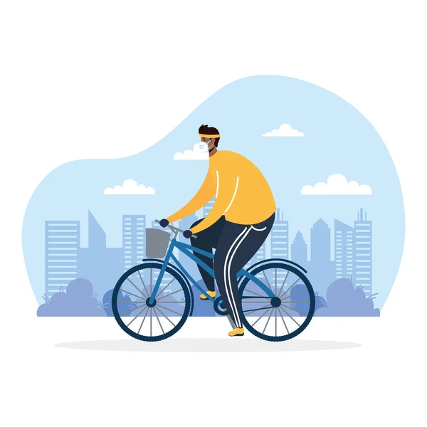 Young afro man riding bicycle wearing medical mask — Stock Vector