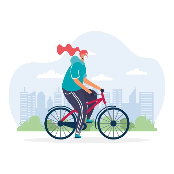 Mujer joven en bicicleta con máscara médica — Vector de stock