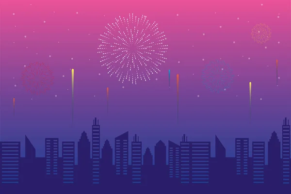 Fireworks burst explosions with citycape in pink sky background — Stock Vector