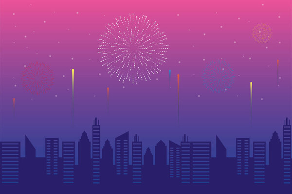 Fireworks burst explosions with citycape in pink sky background
