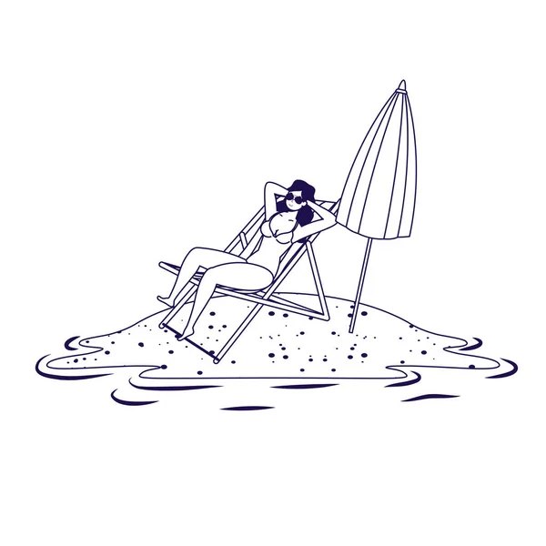 Mujer joven relajándose en la playa sentada en silla y sombrilla — Vector de stock