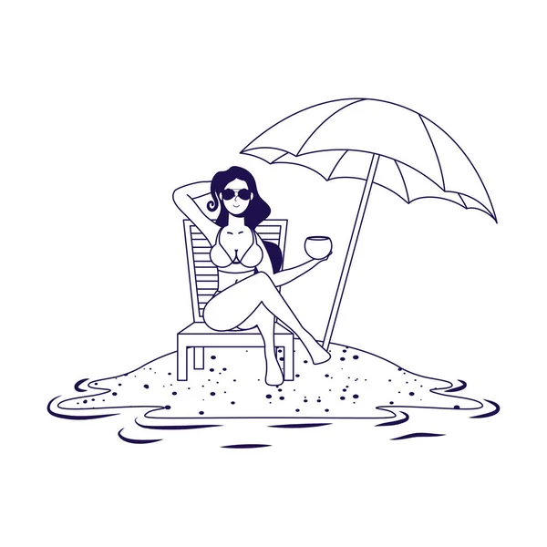 Mladá žena odpočívající na pláži sedící v křesle a slunečníku — Stockový vektor