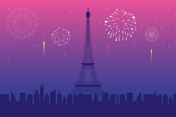Fireworks burst explosions with paris city scene in pink background