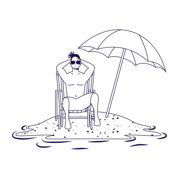 Hombre relajante en la playa sentado en silla y sombrilla — Vector de stock