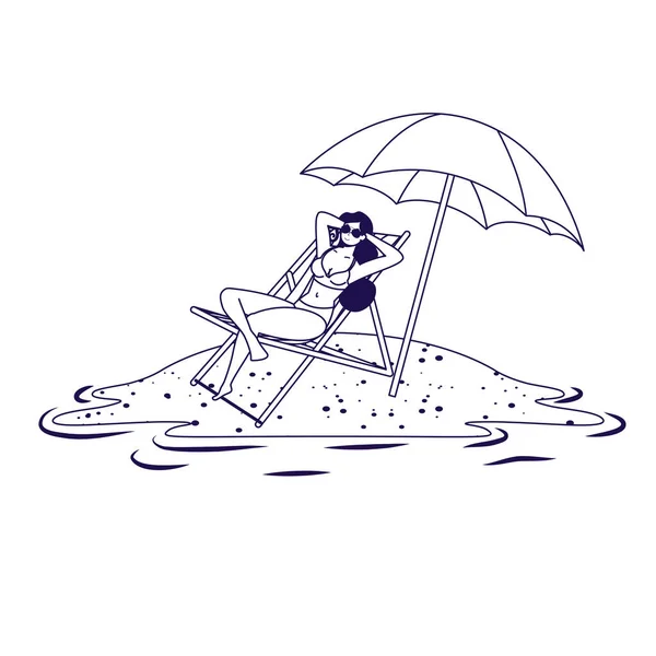 Mujer joven relajándose en la playa sentada en silla y sombrilla — Vector de stock