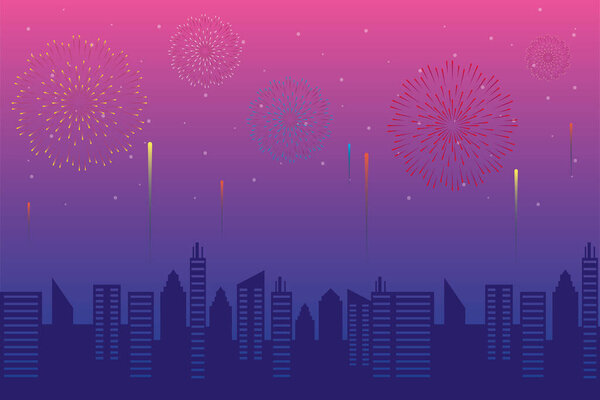 Fireworks burst explosions with citycape in pink sky background
