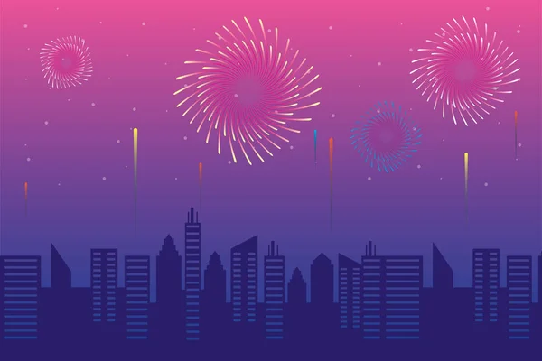 Fireworks burst explosions with citycape in pink sky background — Stock Vector