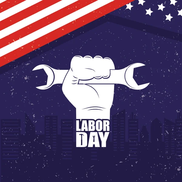 Feliz celebração do dia do trabalho com bandeira dos EUA e chave de elevação da mão — Vetor de Stock